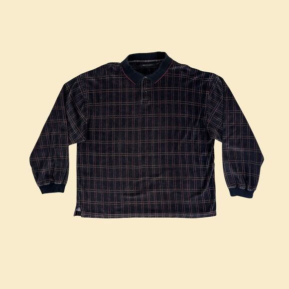 90s XL velour polo shirt, vintage black/purple plaid long sleeve by M.E. Sport - Picture 2 of 10